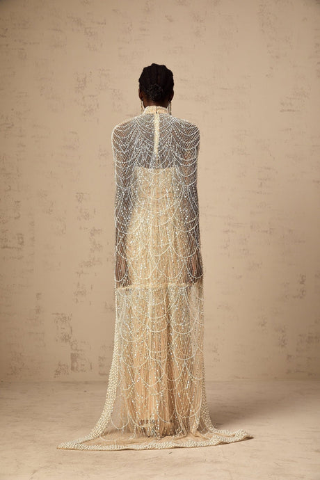 Mariolina Cape & Gown Champagne Beaded Sequin Train Floor Length