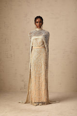 Mariolina Cape & Gown Champagne Beaded Sequin Train Floor Length