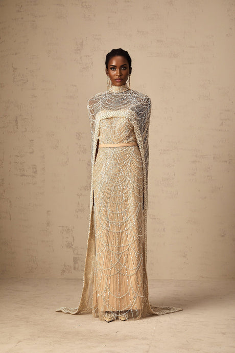 Mariolina Cape & Gown Champagne Beaded Sequin Train Floor Length
