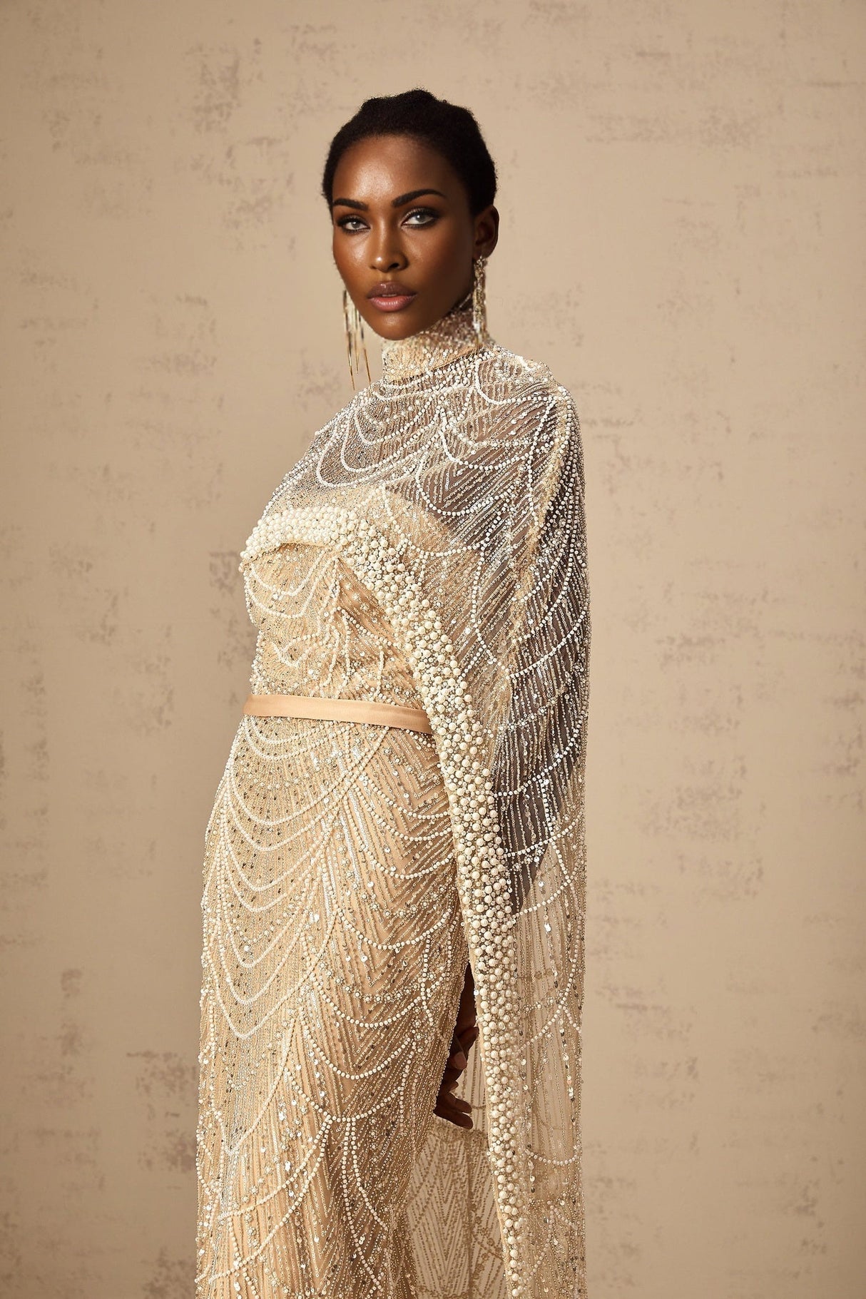 Mariolina Cape & Gown - Tulle Semi - Sheer Design - Bead & Sequin Embellishments - Off - The - Shoulder Silhouette - Floor Length