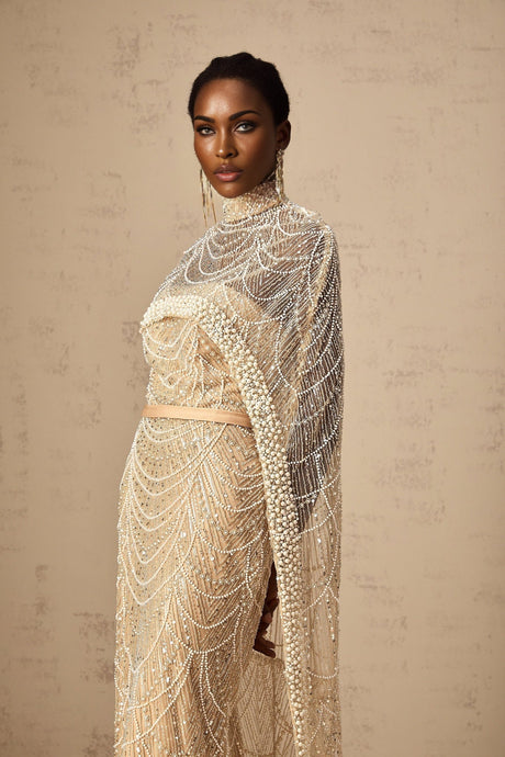 Mariolina Cape & Gown - Tulle Semi - Sheer Design - Bead & Sequin Embellishments - Off - The - Shoulder Silhouette - Floor Length