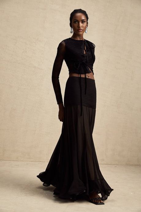 Mariolina Cropped Top Black Lace Trim Sheer Embossed
