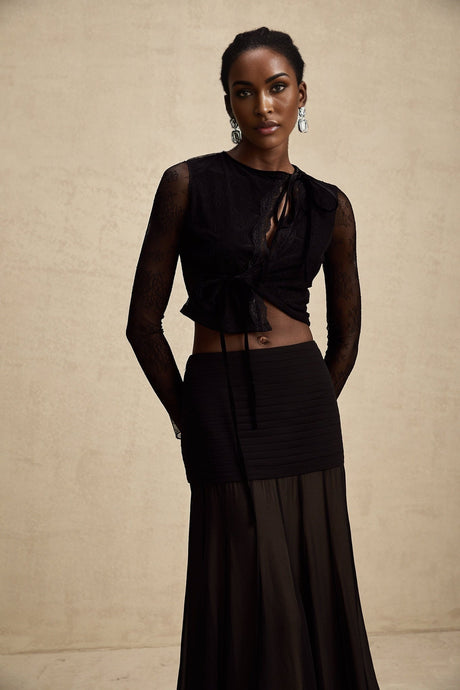 Mariolina Cropped Top Black Lace Trim Sheer Embossed