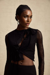Mariolina Cropped Top Black Lace Trim Sheer Embossed