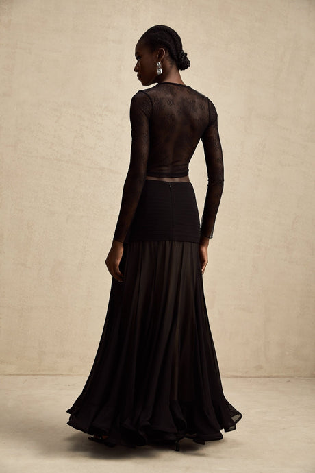 Mariolina Cropped Top Black Lace Trim Sheer Embossed