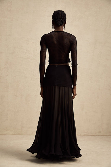 Mariolina Cropped Top Black Lace Trim Sheer Embossed