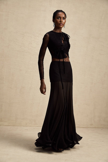 Mariolina Cropped Top Black Lace Trim Sheer Embossed