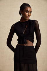 Mariolina Cropped Top Black Lace Trim Sheer Embossed