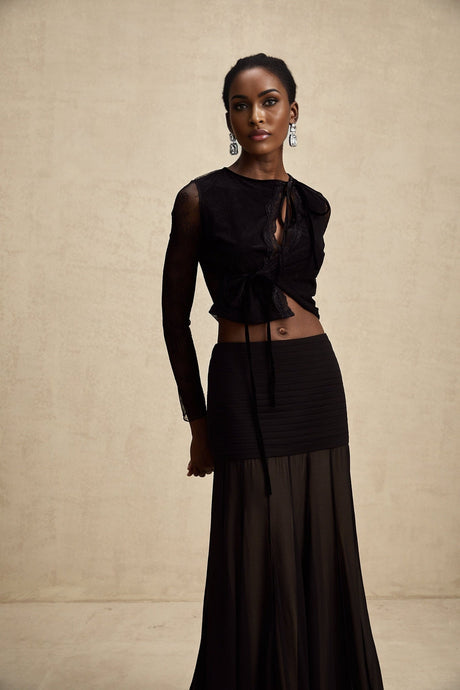 Mariolina Cropped Top Black Lace Trim Sheer Embossed