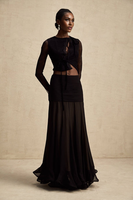 Mariolina Cropped Top Black Lace Trim Sheer Embossed