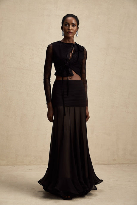 Mariolina Cropped Top Black Lace Trim Sheer Embossed