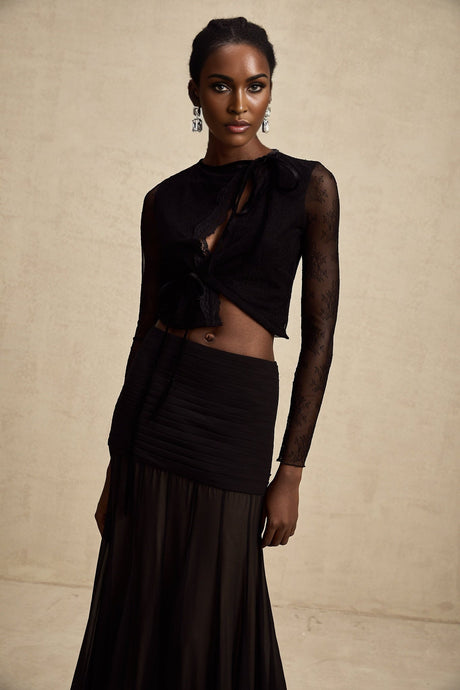 Mariolina Cropped Top Black Lace Trim Sheer Embossed