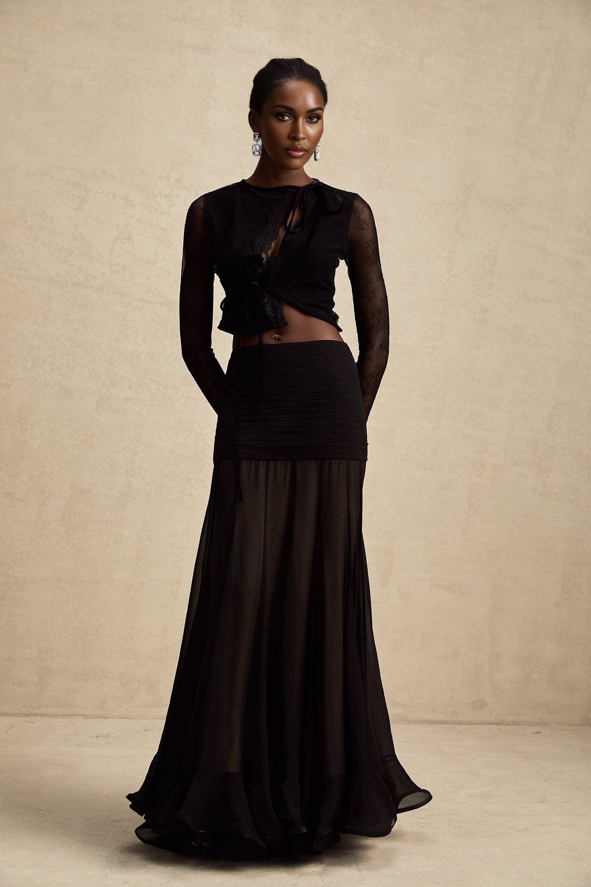 Mariolina Cropped Top Black Lace Trim Sheer Embossed