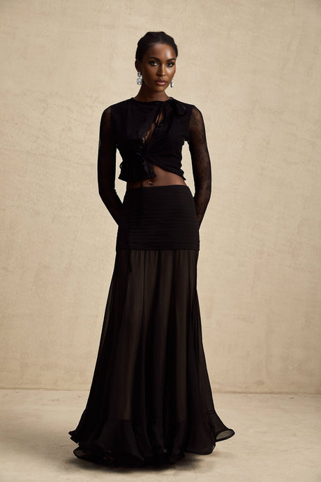 Mariolina Cropped Top Black Lace Trim Sheer Embossed