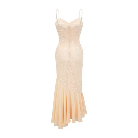 Mariolina Sleeveless Midi Dress with Bustier Style and Lace Detailing