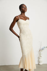 Mariolina Sleeveless Midi Dress with Bustier Style and Lace Detailing
