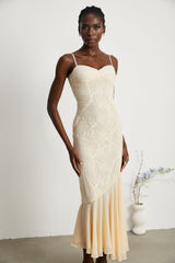 Mariolina Sleeveless Midi Dress with Bustier Style and Lace Detailing