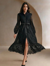 Marisa Midi Dress - Bishop Sleeve - High Waist - Elegant - Lace