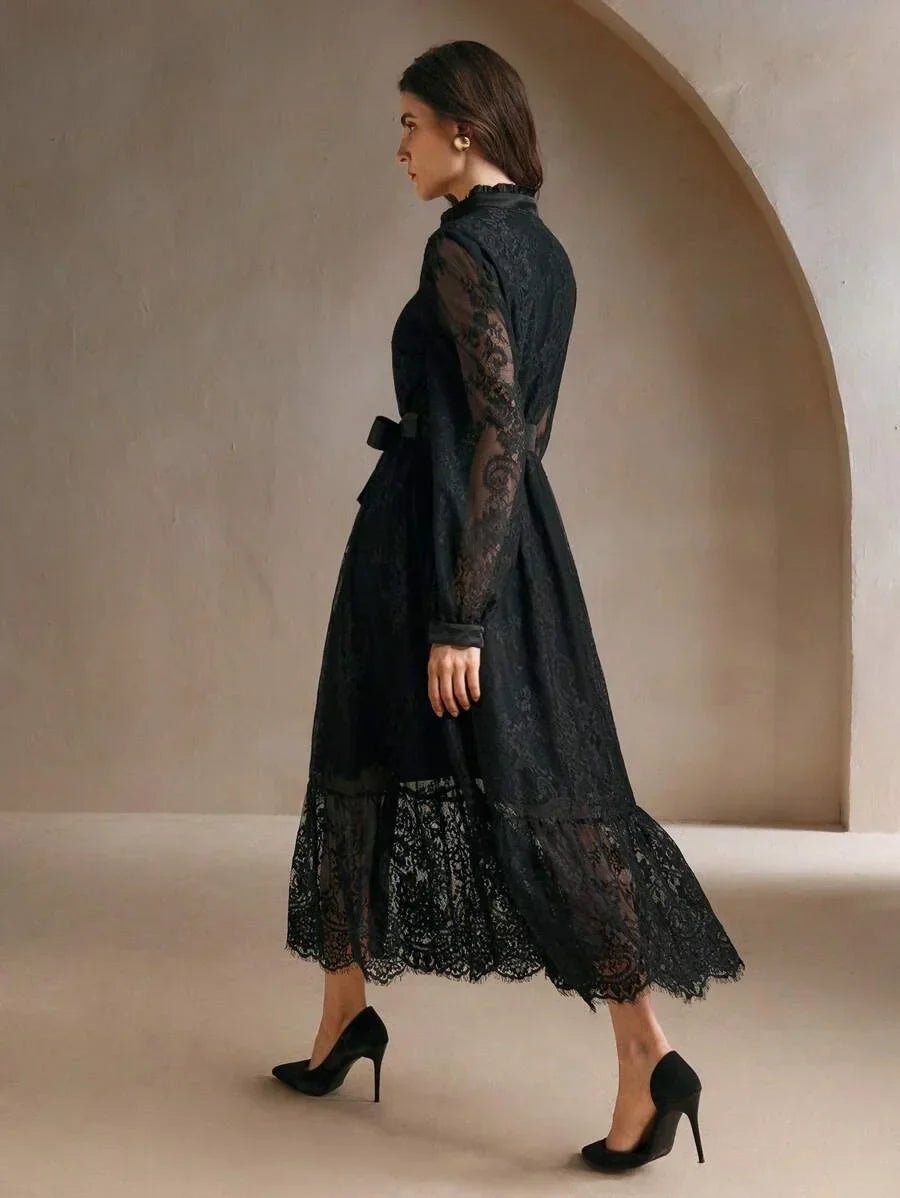 Marisa Midi Dress - Bishop Sleeve - High Waist - Elegant - Lace