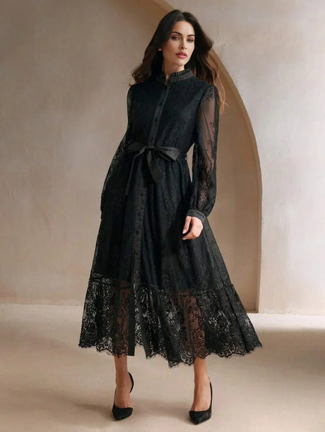 Marisa Midi Dress - Bishop Sleeve - High Waist - Elegant - Lace