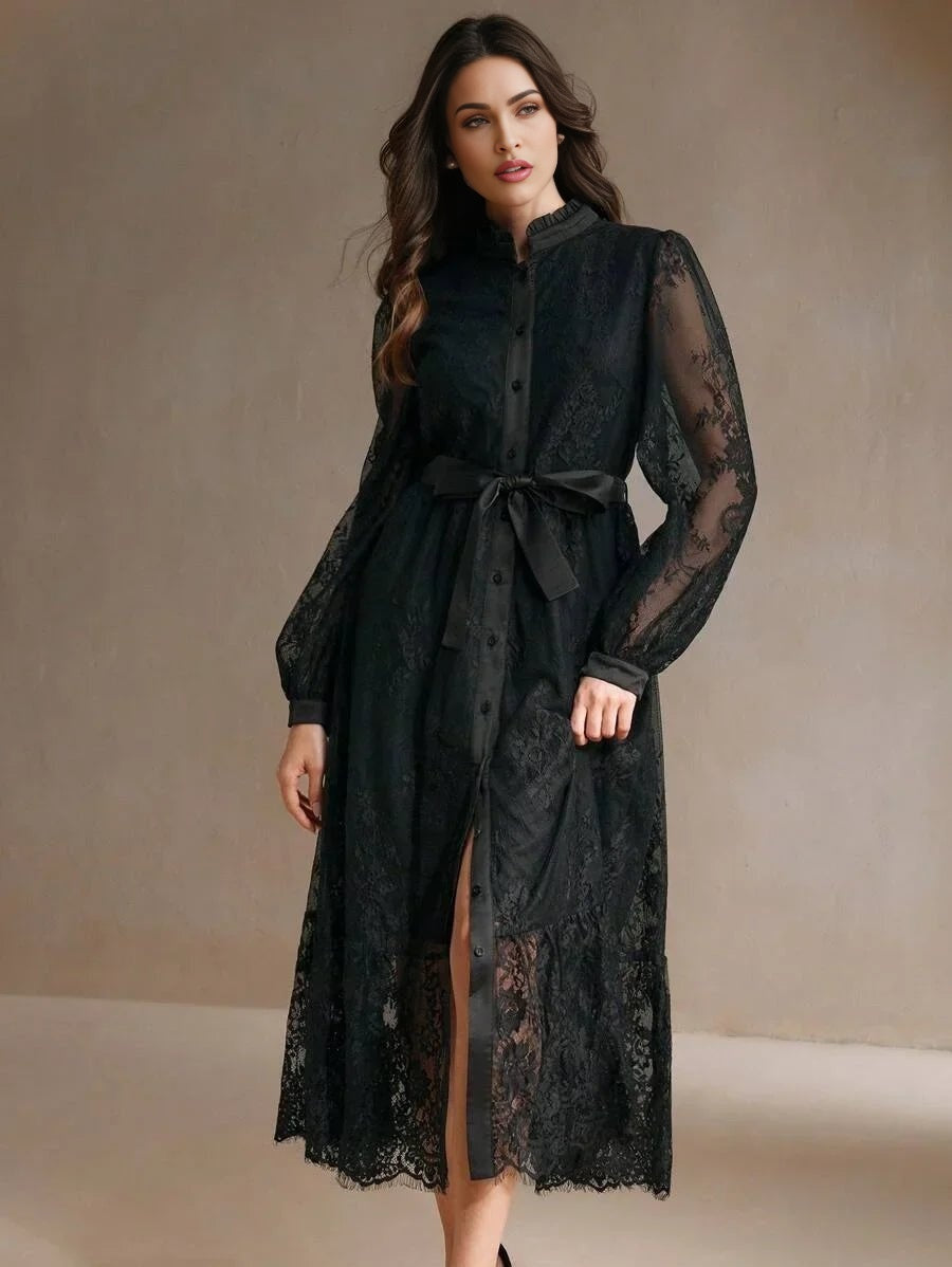 Marisa Midi Dress - Bishop Sleeve - High Waist - Elegant - Lace