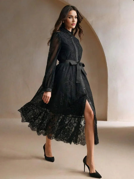 Marisa Midi Dress - Bishop Sleeve - High Waist - Elegant - Lace