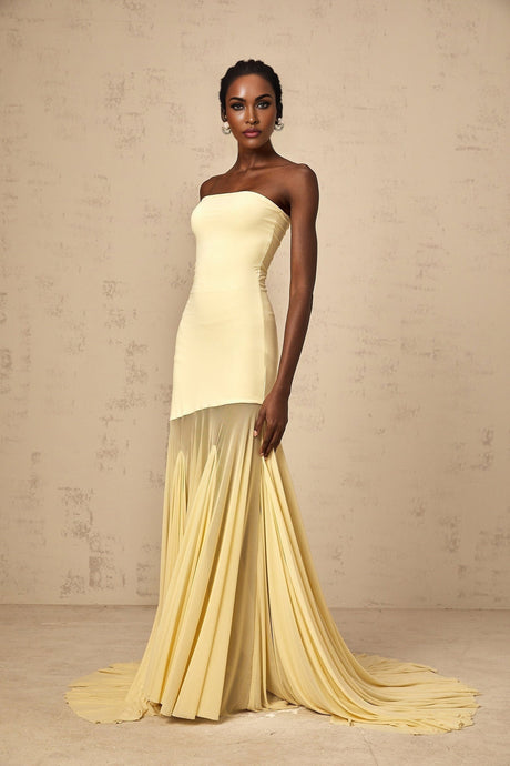 Marisa Sun - Kissed Yellow Maxi Dress with Off - Shoulder Pleated Tulle