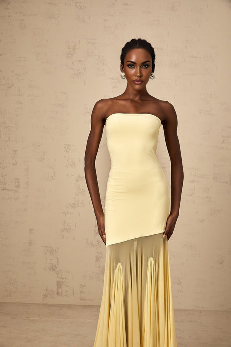Marisa Sun - Kissed Yellow Maxi Dress with Off - Shoulder Pleated Tulle