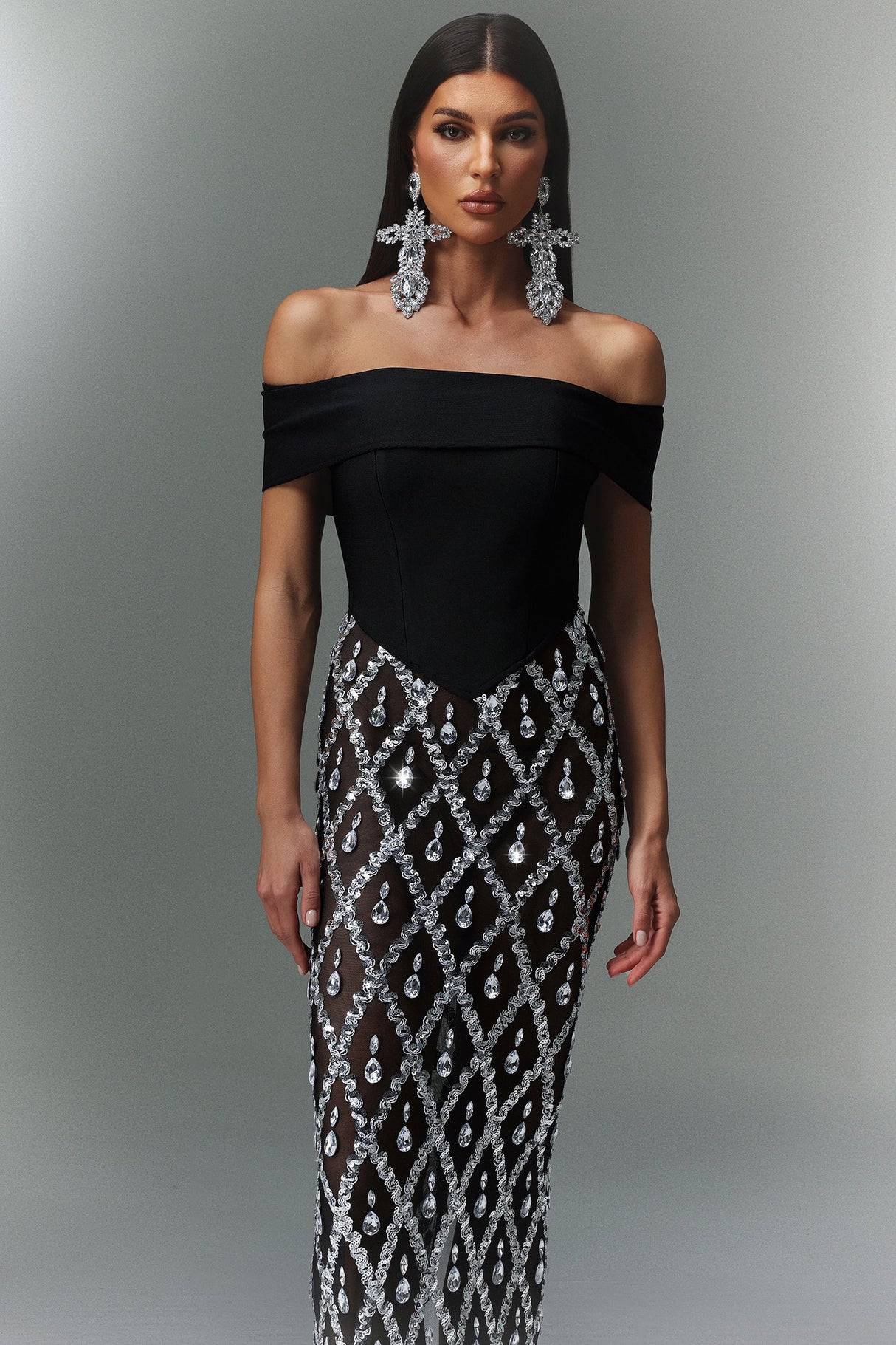 Mariuccia Black Diamond Beaded Maxi Dress