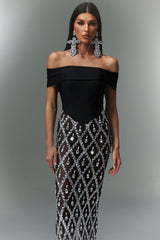 Mariuccia Black Diamond Beaded Maxi Dress