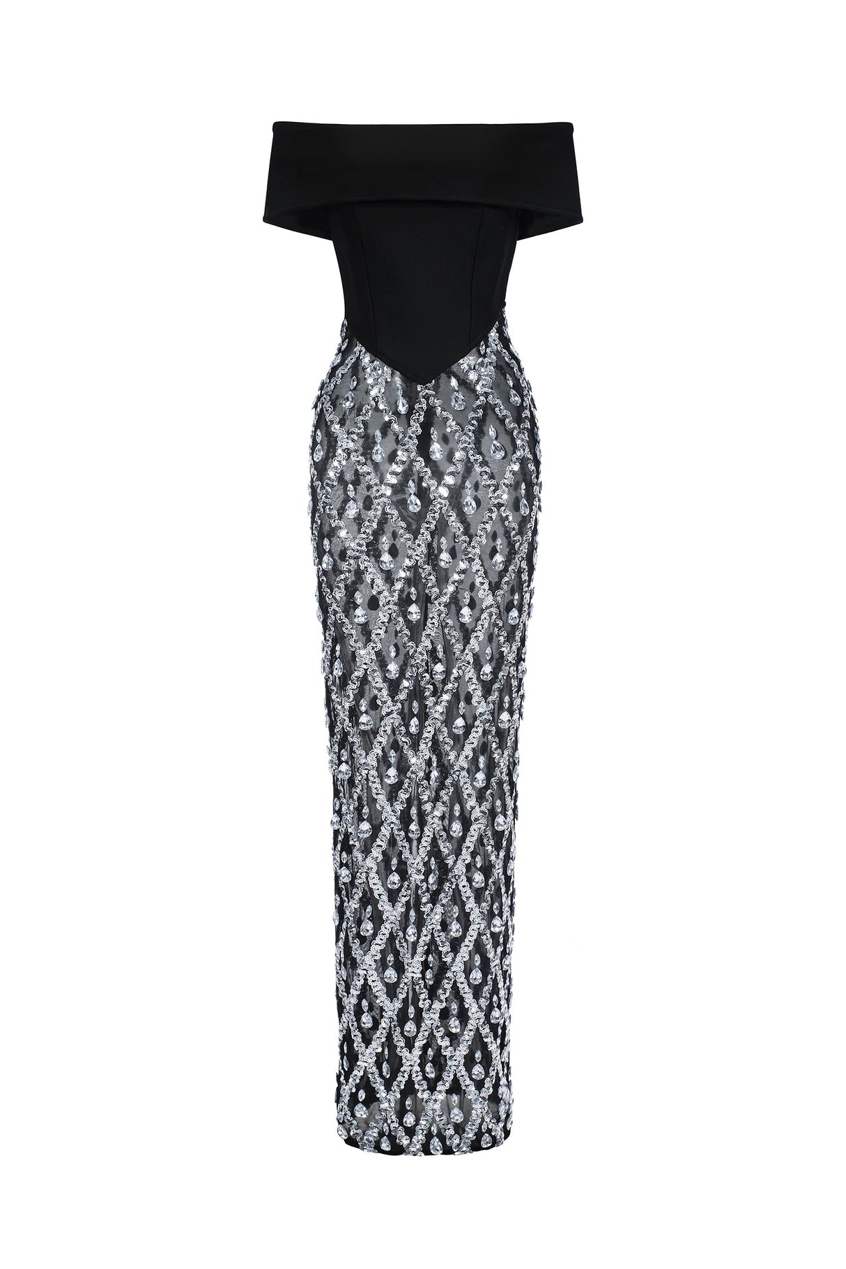 Mariuccia Black Diamond Beaded Off-Shoulder Maxi Dress