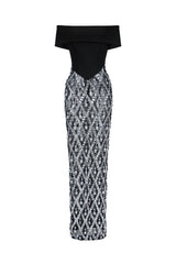 Mariuccia Black Diamond Beaded Off-Shoulder Maxi Dress