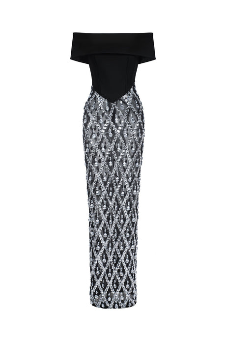 Mariuccia Black Diamond Beaded Off-Shoulder Maxi Dress