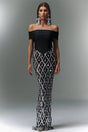 Mariuccia Black Diamond Pattern Beaded Maxi Dress for Gala Events and Formal Dinners