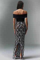Mariuccia Black Maxi Dress with Off-Shoulder Neckline and Beaded Diamond Pattern