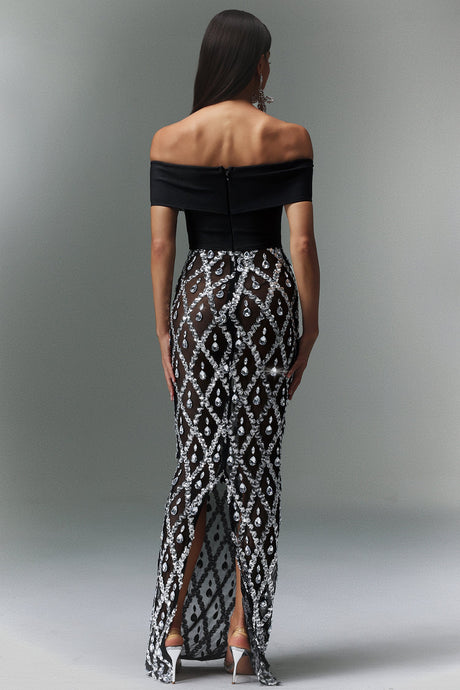 Mariuccia Black Maxi Dress with Off-Shoulder Neckline and Beaded Diamond Pattern
