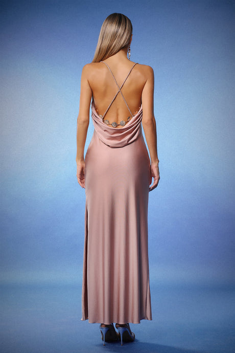 Mariuccia Pink Backless Cowl Neck Dress with Side Slit