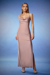 Mariuccia Pink Cowl Neck Backless Side Slit Formal Gala Dress