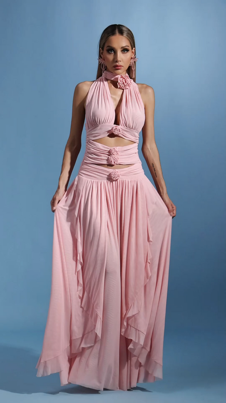 Mariuccia Pink Halter Neckline Flower Detail Dress for Women