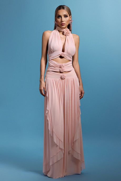 Mariuccia Pink Halter Neckline Flower Detail Dress for Women