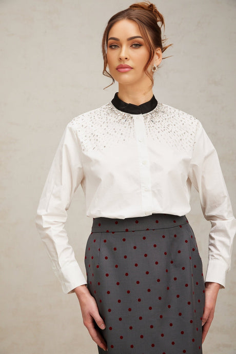 Mariuccia Shirt Mariuccia Color Blocked Crystal Embellished White