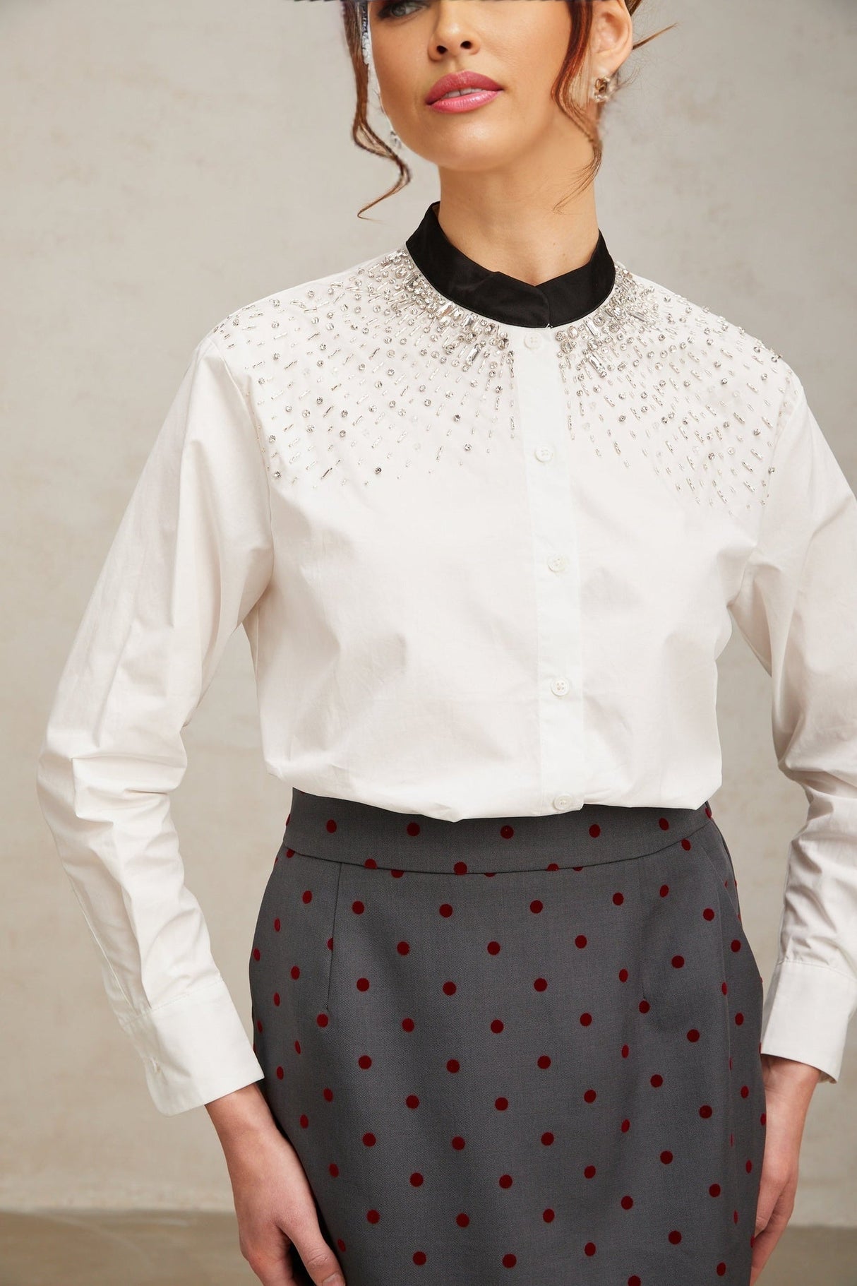Mariuccia Shirt Mariuccia Color Blocked Crystal Embellished White