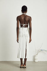 Mariuccia Skirt & Top Set White Pleated Open Back & Slit