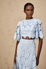 Mariuccia Top & Skirt Set Blue Guipure Lace Floral Cut - Out Scallop Trim Calf - Length