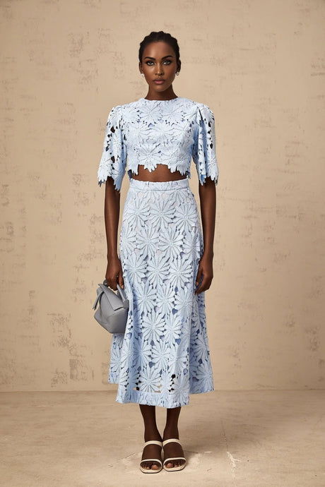 Mariuccia Top & Skirt Set Blue Guipure Lace Floral Cut - Out Scallop Trim Calf - Length