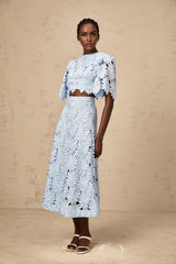 Mariuccia Top & Skirt Set Blue Guipure Lace Floral Cut - Out Scallop Trim Calf - Length