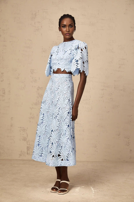 Mariuccia Top & Skirt Set Blue Guipure Lace Floral Cut - Out Scallop Trim Calf - Length