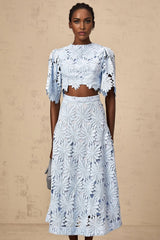 Mariuccia Top & Skirt Set Blue Guipure Lace Floral Cut - Out Scallop Trim Calf - Length