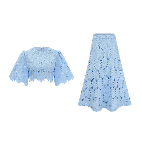 Mariuccia Top & Skirt Set Blue Guipure Lace Floral Cut - Out Scallop Trim Calf - Length