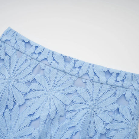 Mariuccia Top & Skirt Set Blue Guipure Lace Floral Cut - Out Scallop Trim Calf - Length